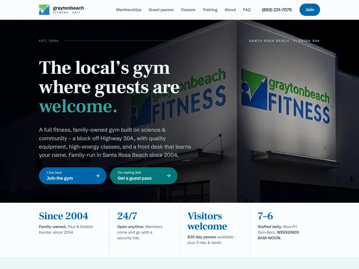 The rebuilt Grayton Beach Fitness website — dark editorial homepage with the club's founding story and 24/7 access messaging.